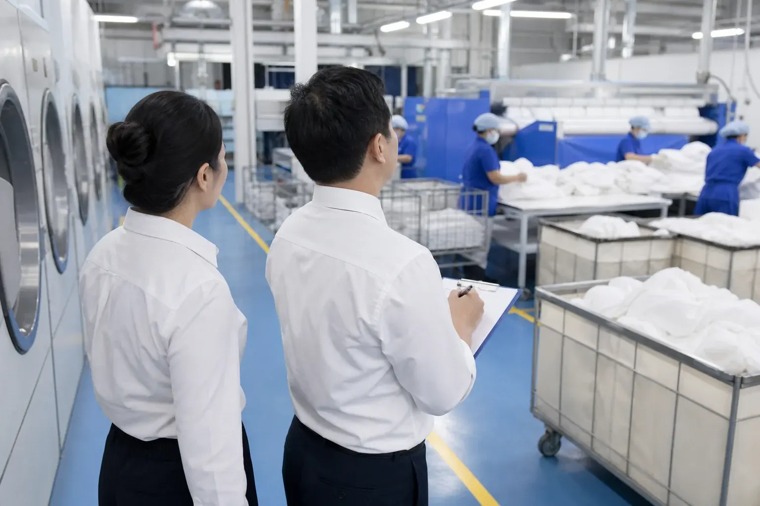 Auditeurs observant les flux et les zones d’une blanchisserie industrielle