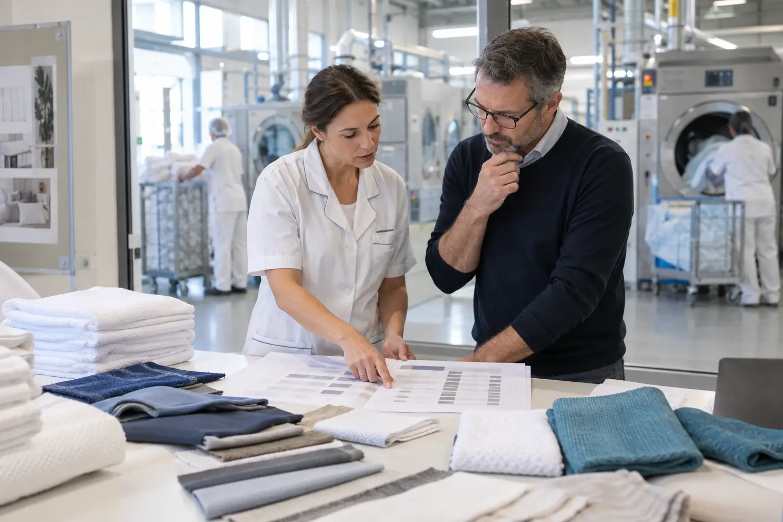 Équipe préparant un cahier des charges de blanchisserie autour d’échantillons textiles