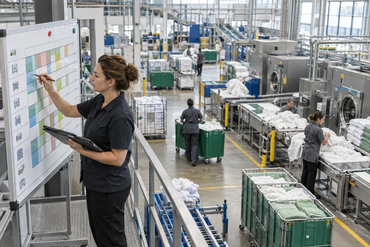 Responsable de production étudiant un tableau de capacité dans une blanchisserie industrielle