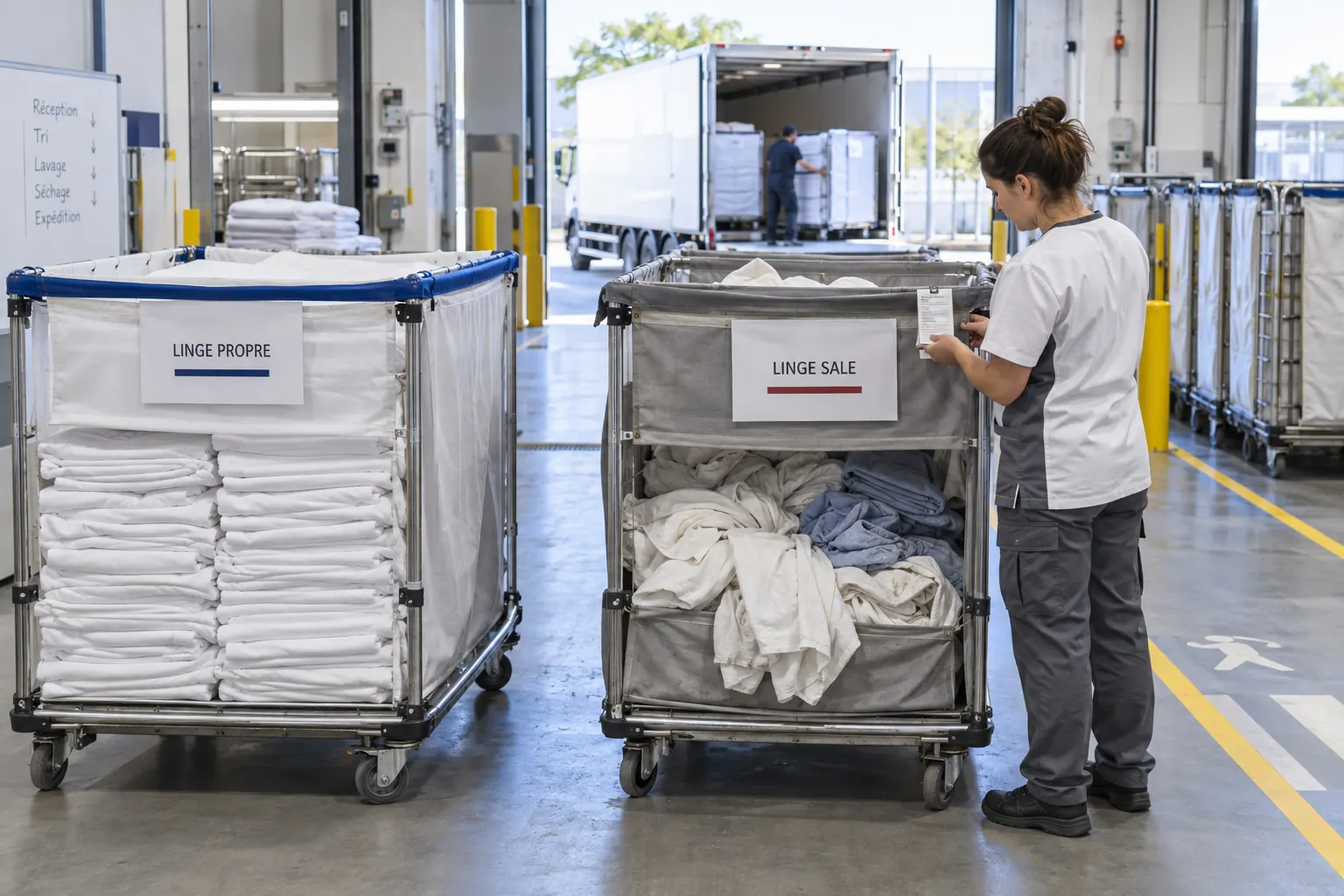 Chariots de linge professionnel organisés dans une zone logistique de blanchisserie