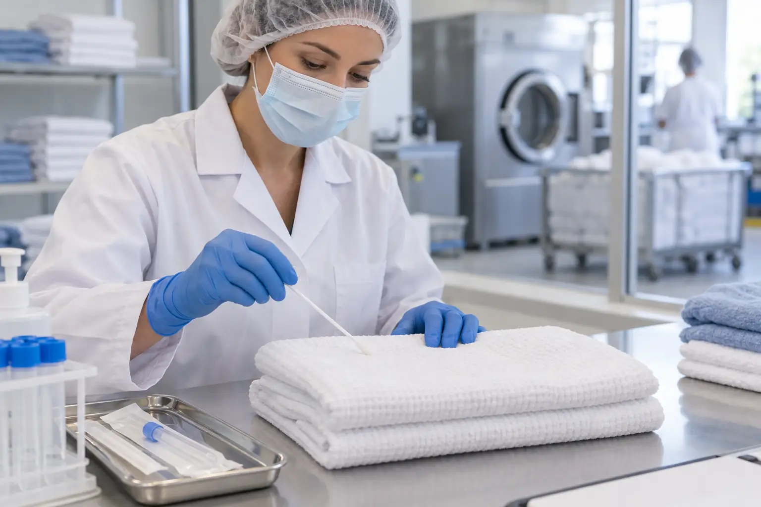 Prélèvement microbiologique sur un lot de linge en zone propre de blanchisserie
