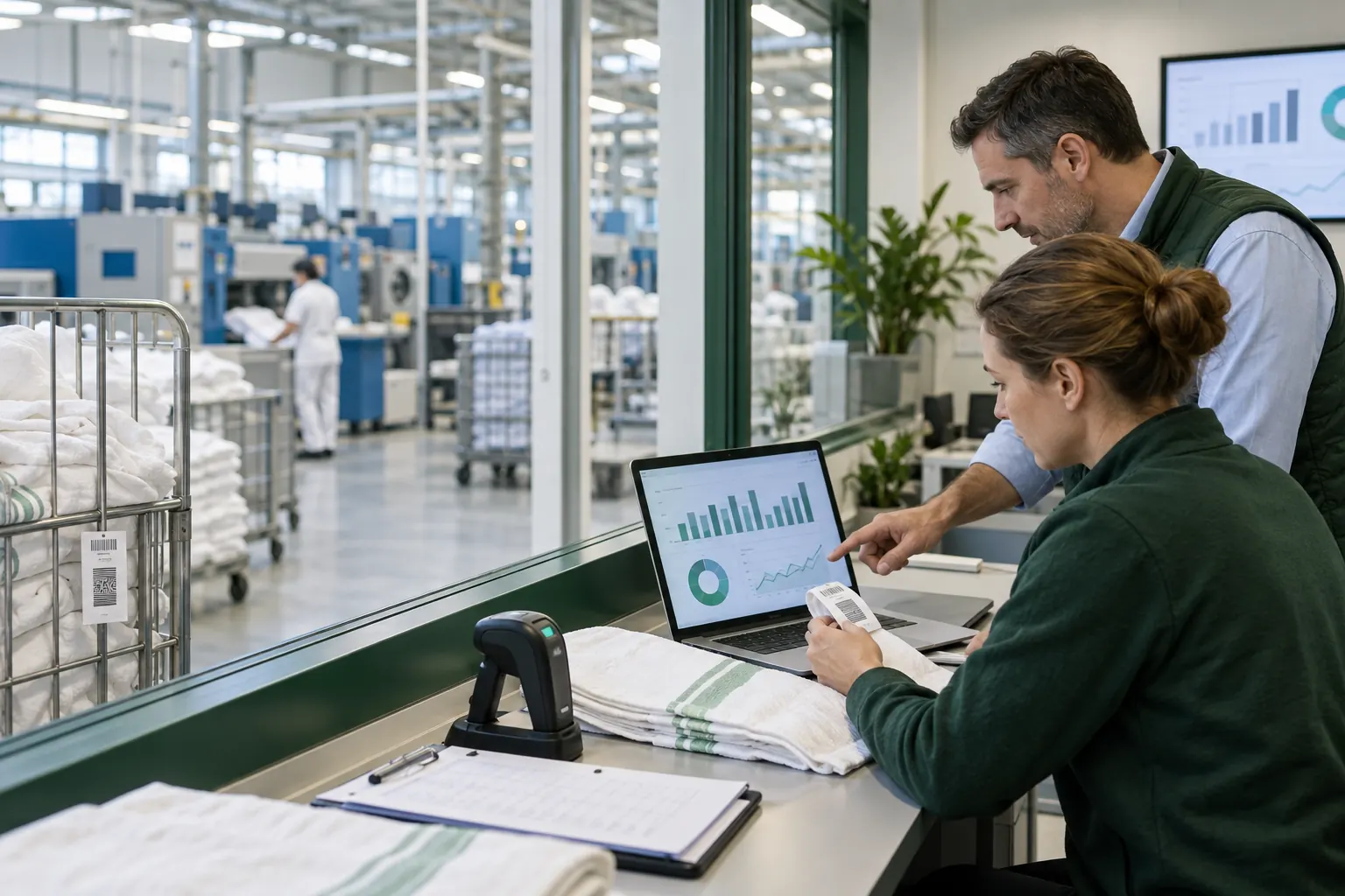 Équipe de blanchisserie analysant des indicateurs de production et de qualité