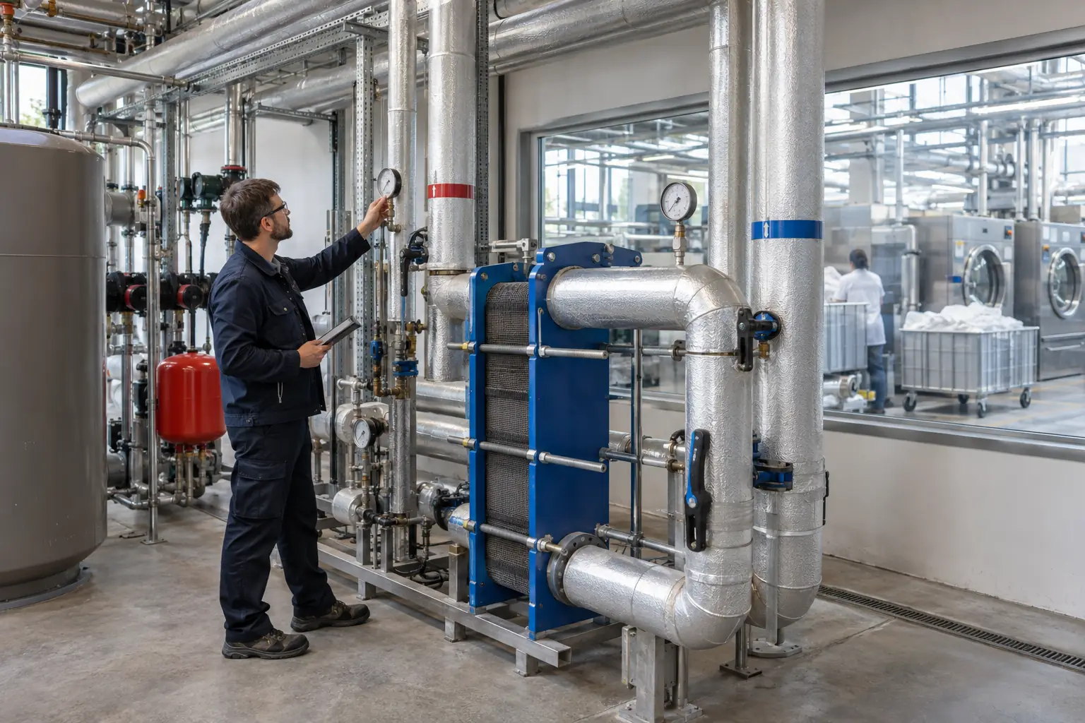 Technicien inspectant un réseau de récupération de chaleur en blanchisserie