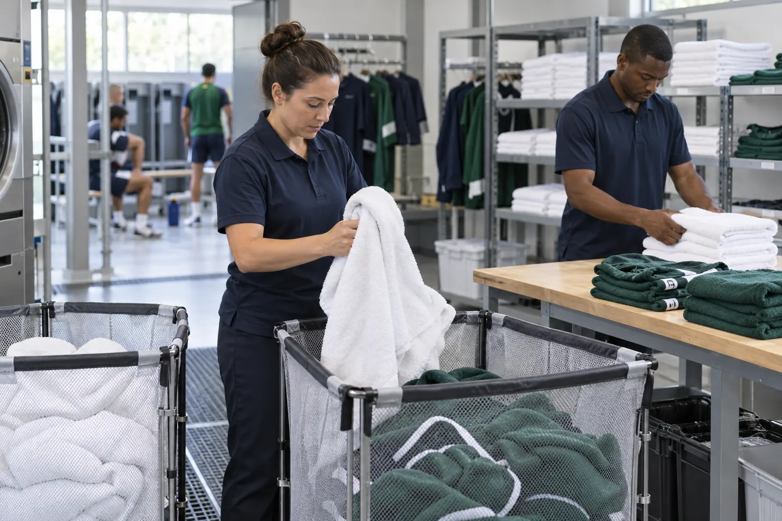 Tri des serviettes et vêtements textiles dans un centre sportif professionnel