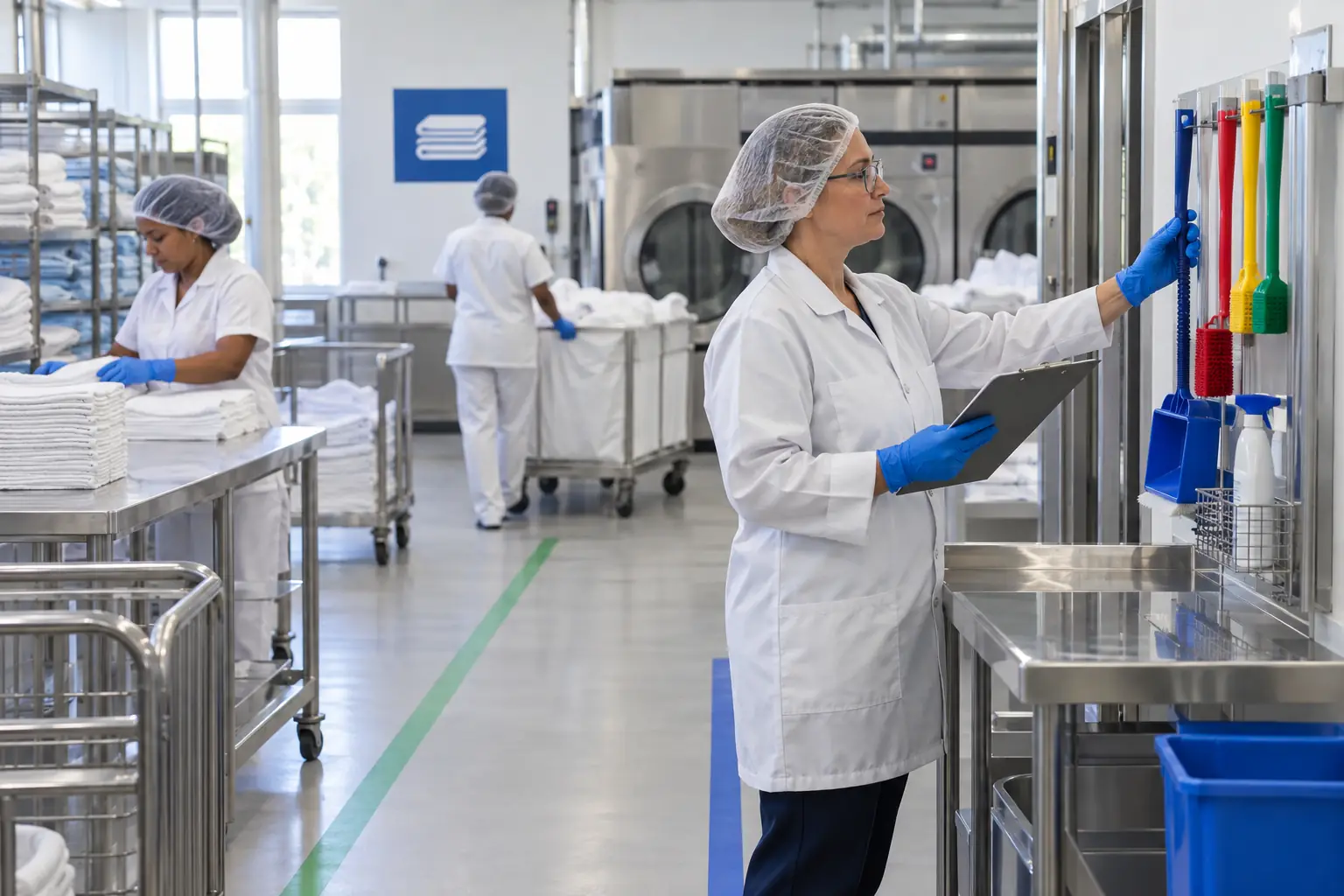 Responsable vérifiant le plan d’hygiène dans une zone propre de blanchisserie