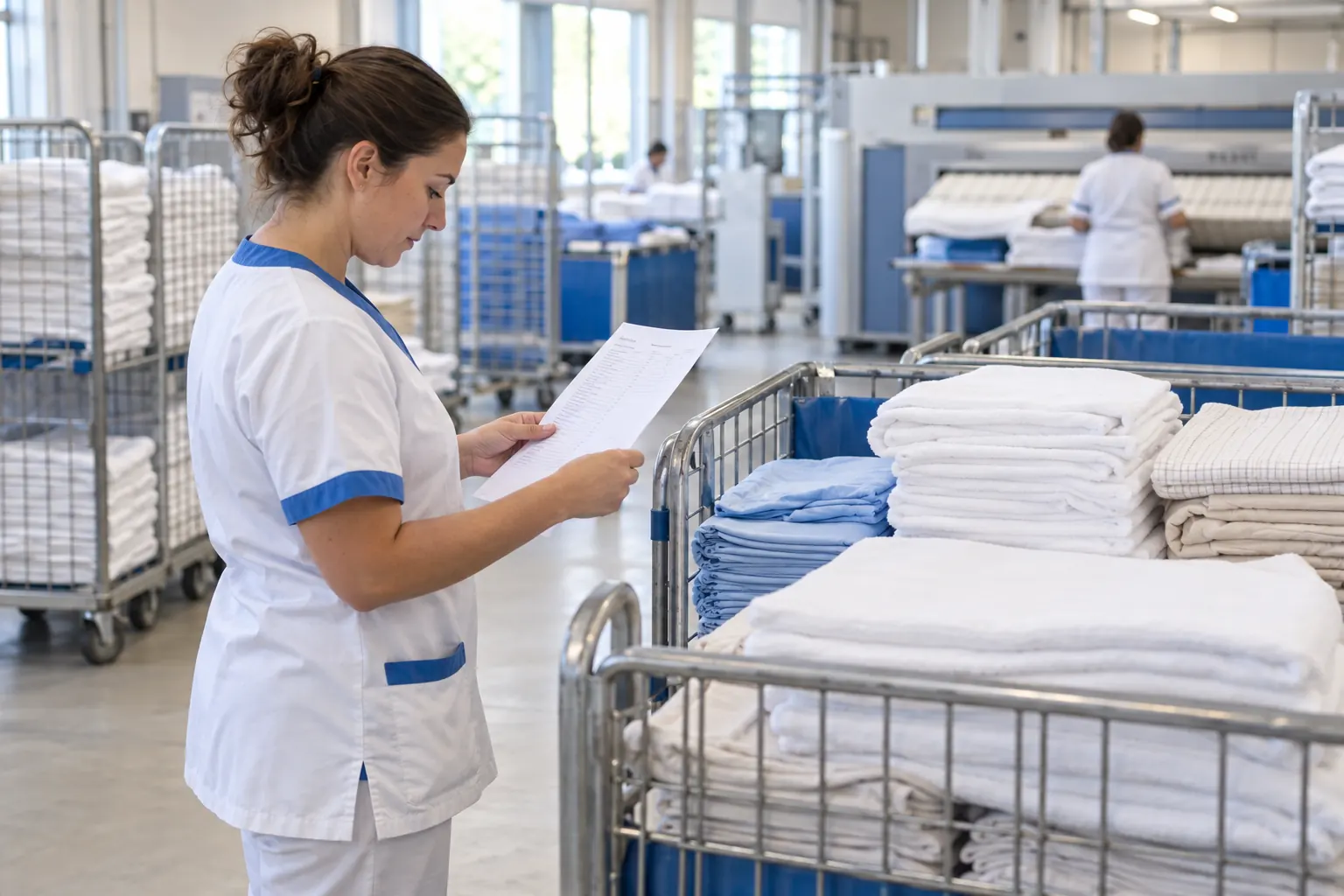 Préparation de chariots de linge propre et vérification d’un bordereau de livraison