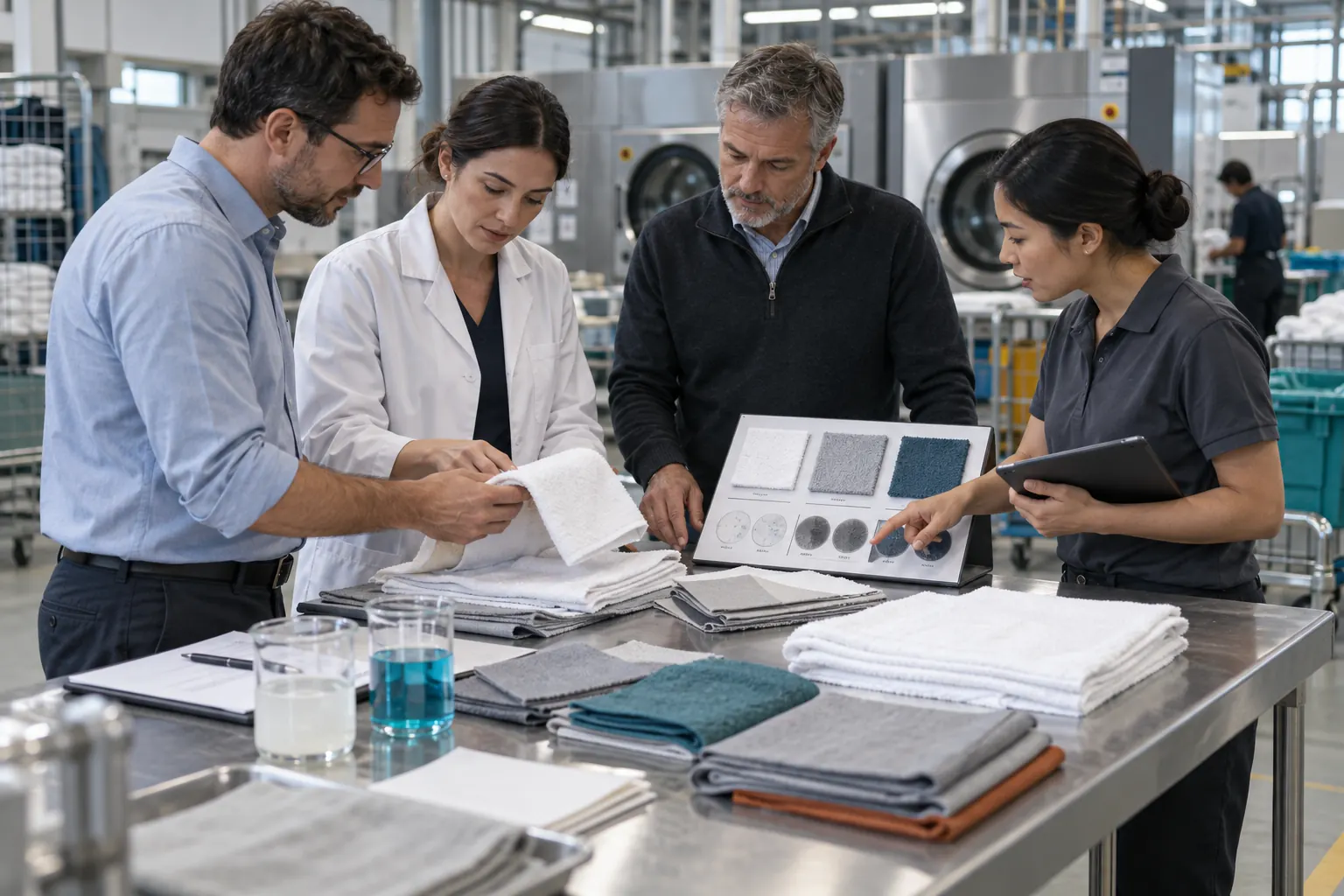 Équipe examinant des échantillons textiles avant qualification d’un fournisseur