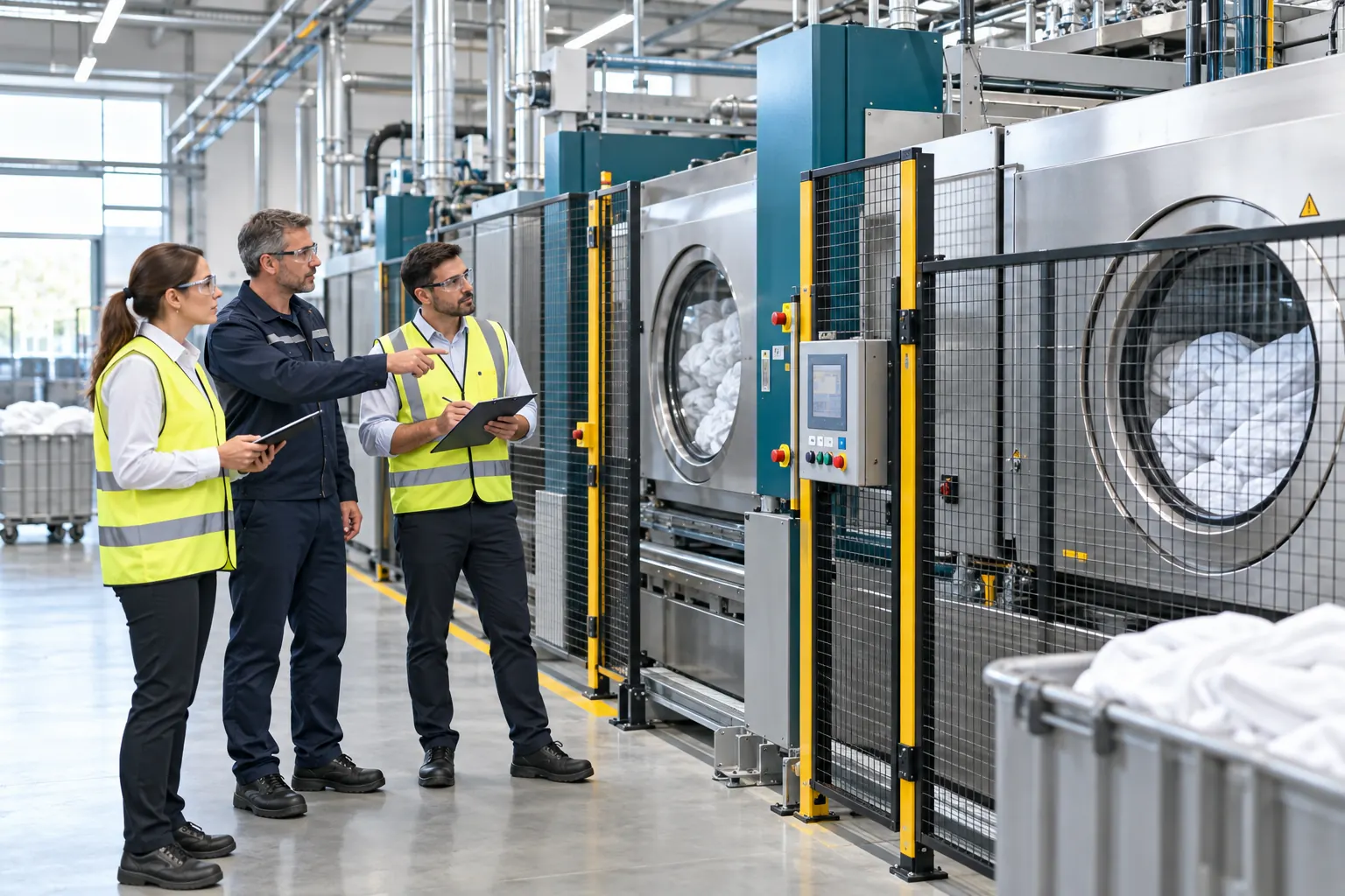 Équipe réceptionnant une nouvelle ligne de blanchisserie industrielle