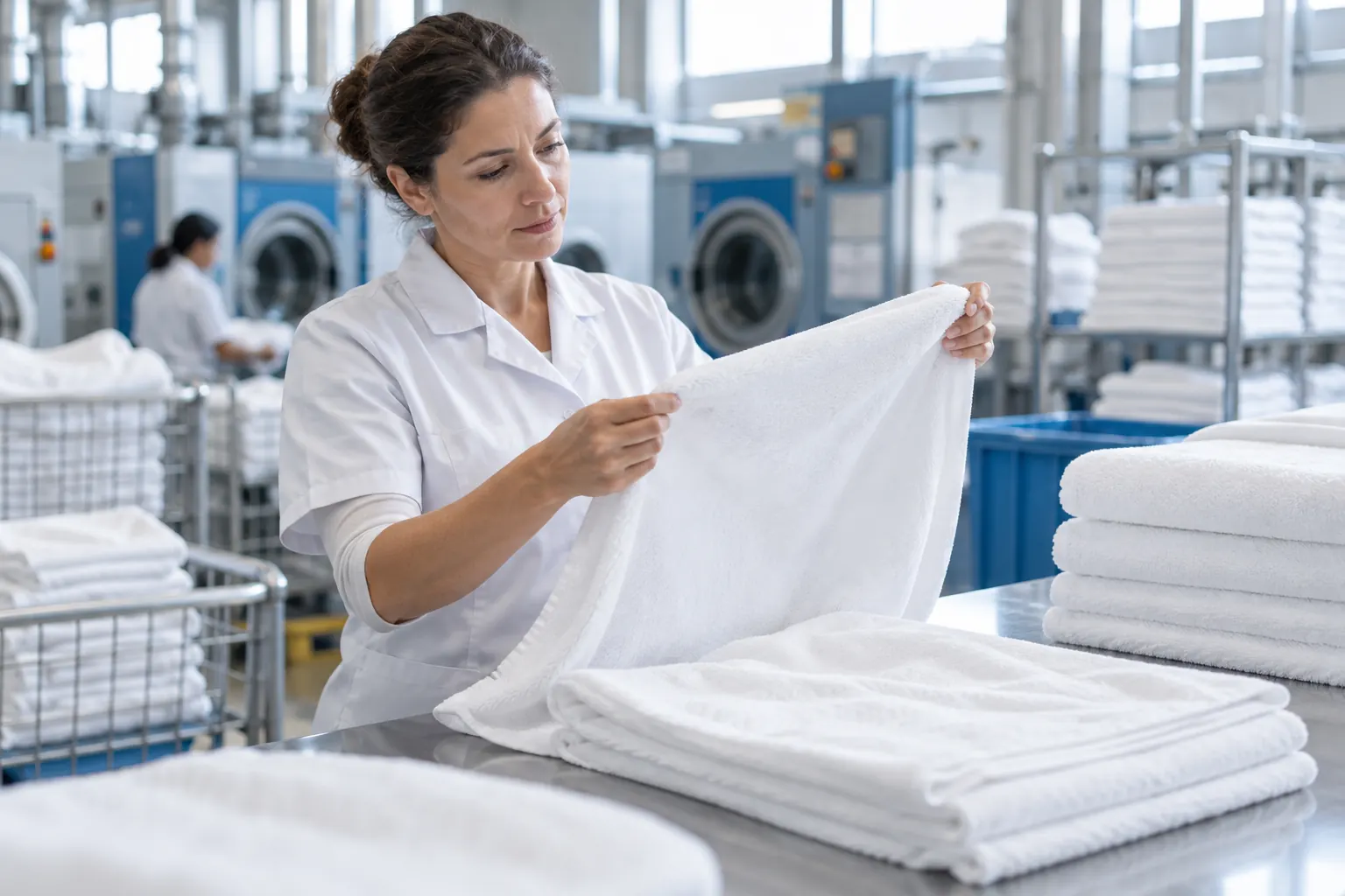 Contrôle visuel de linge propre à la réception dans un établissement professionnel