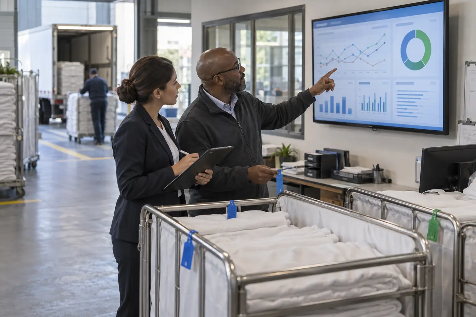 Équipe examinant le tableau de bord contractuel d’une prestation de blanchisserie