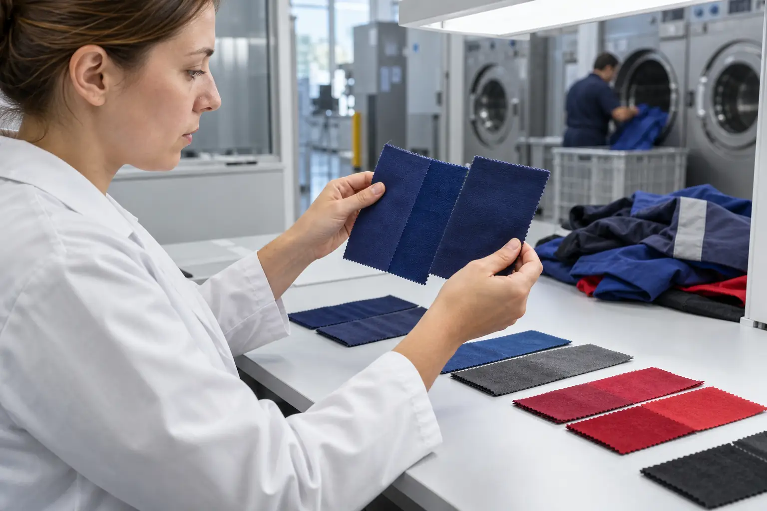 Comparaison d’échantillons textiles colorés après lavage industriel