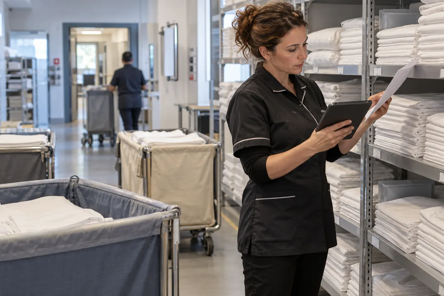 Responsable hôtelière vérifiant le stock et les rotations de linge propre
