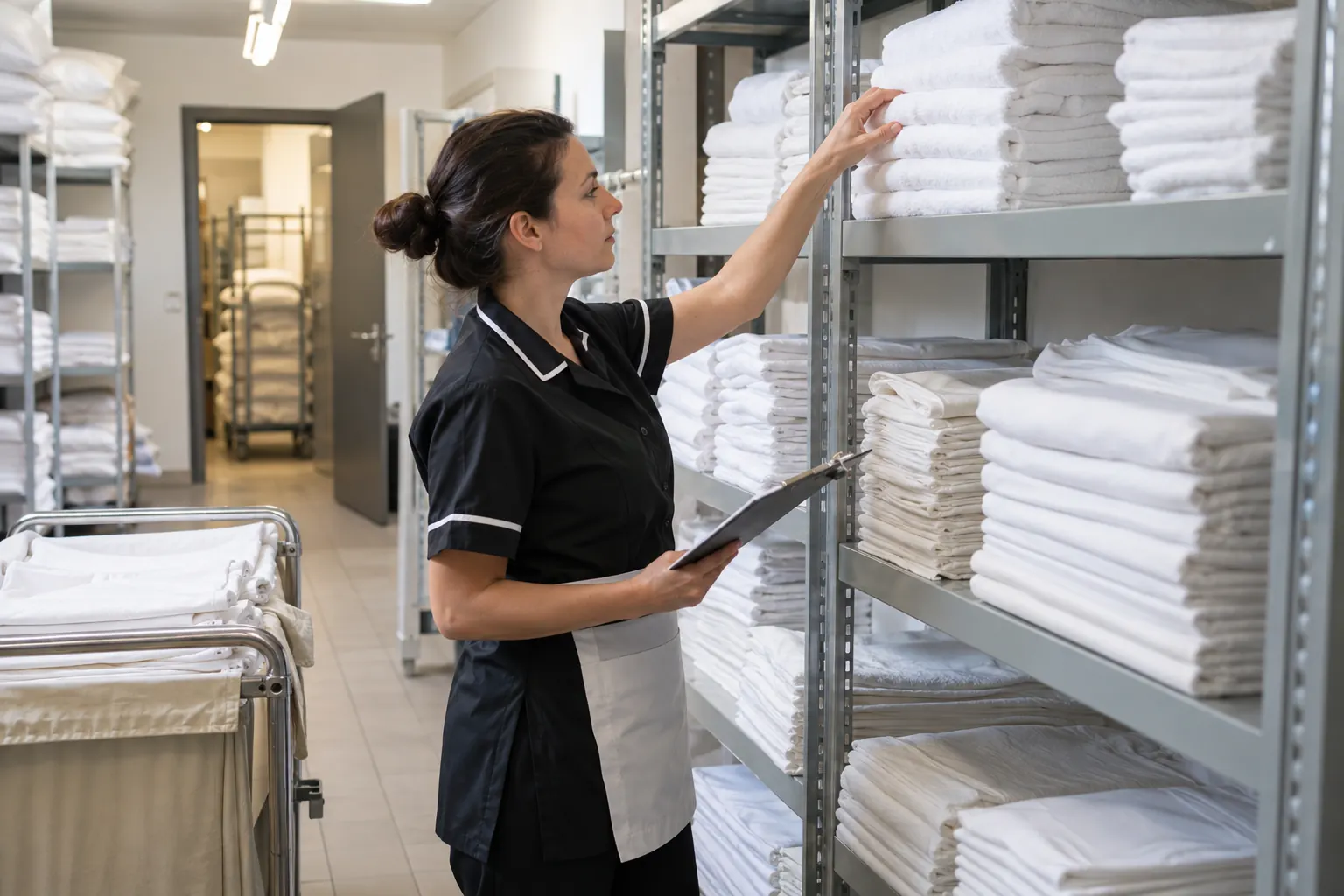 Étagères de linge propre dans une réserve professionnelle organisée