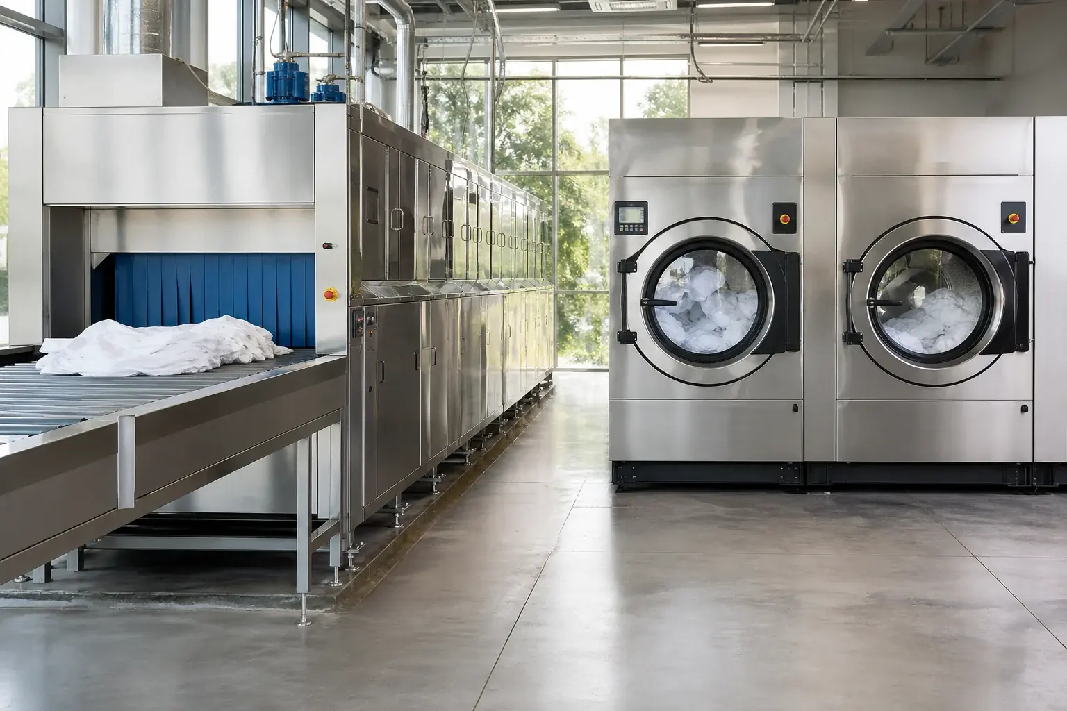 Tunnel de lavage et laveuses-essoreuses dans une blanchisserie industrielle