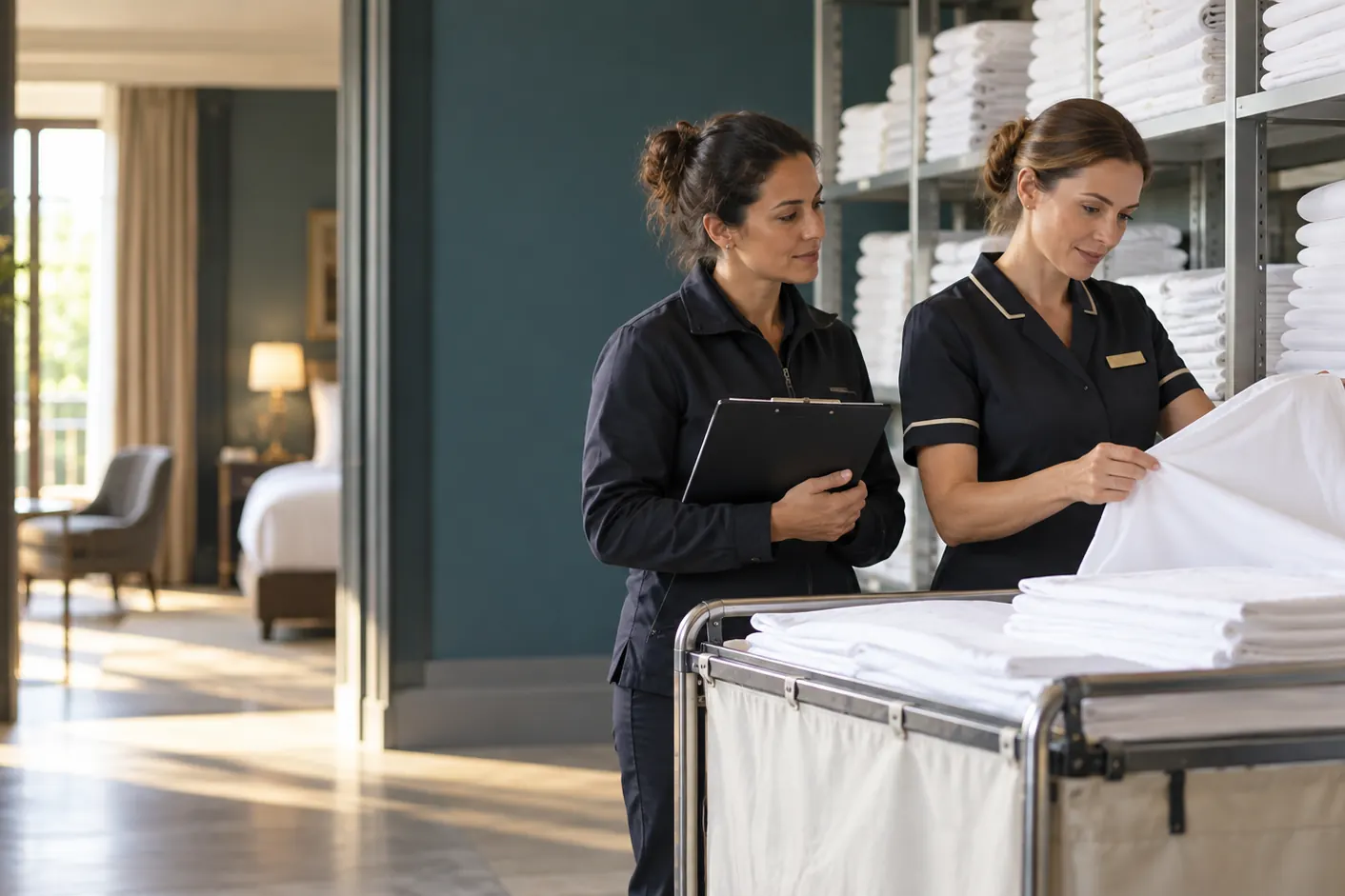 Gouvernante et responsable textile contrôlant le linge propre d’un hôtel