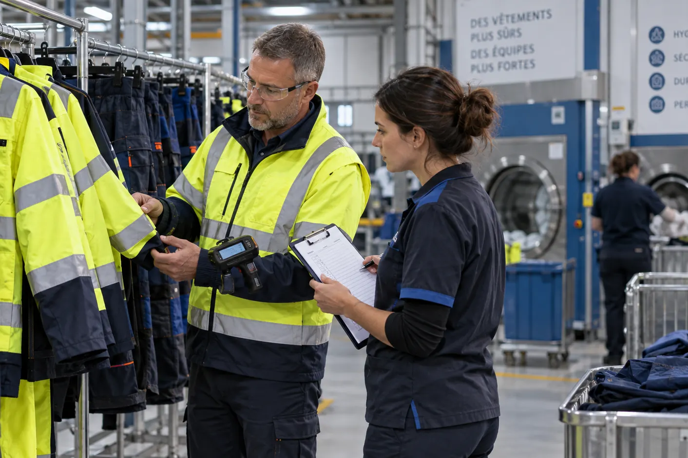 Responsables contrôlant des vêtements de travail haute visibilité