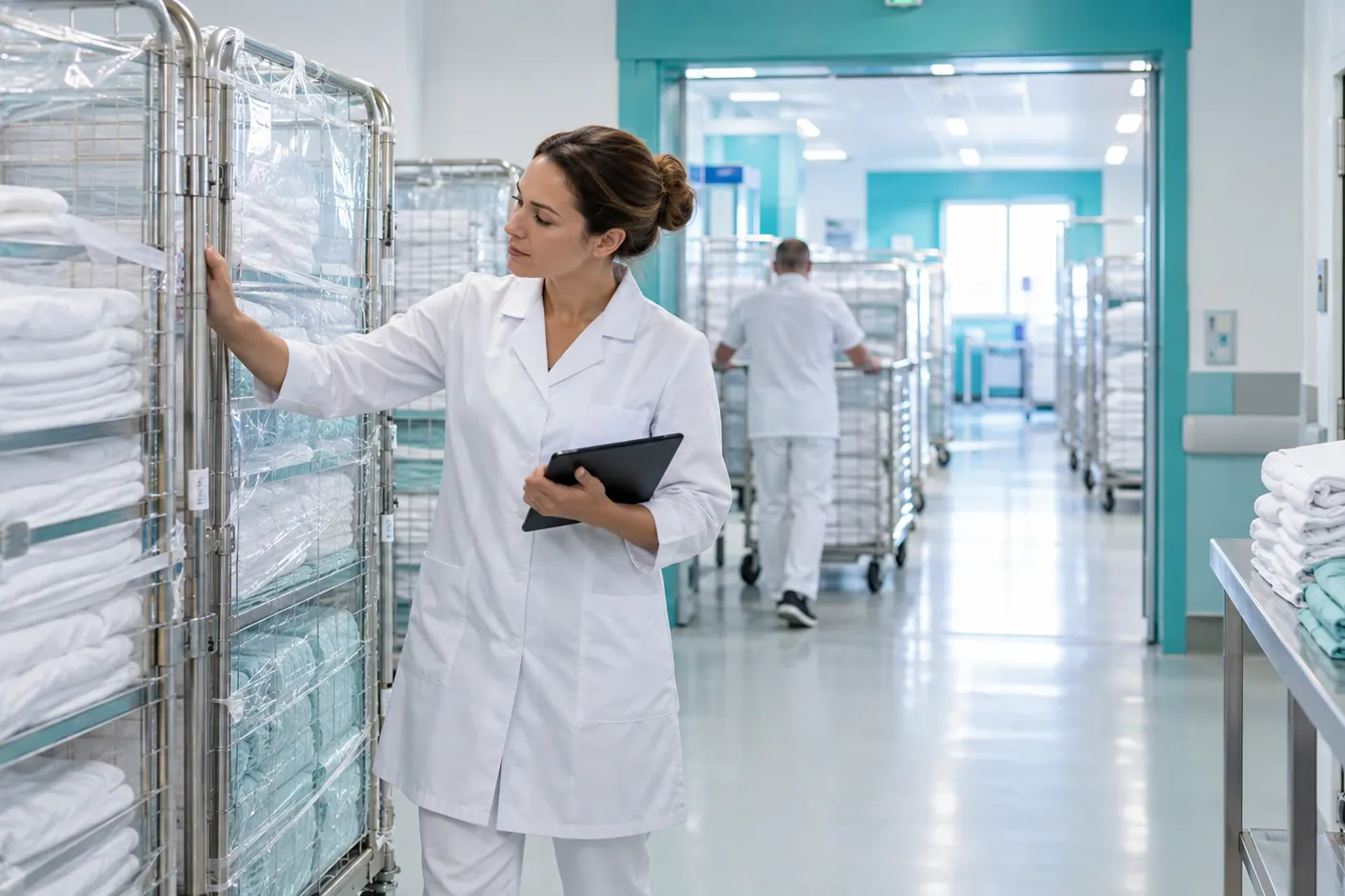 Responsable hospitalière contrôlant des chariots de linge en zone propre