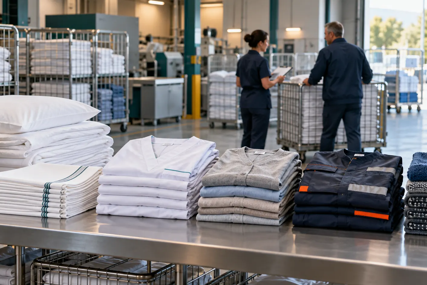 Familles de textiles professionnels préparées dans une blanchisserie industrielle
